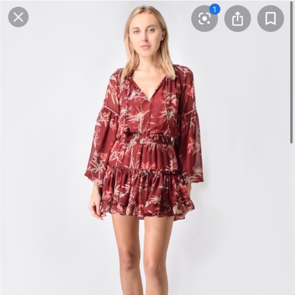 MISA Los Angeles Burgundy Floral Bird Print Mini Dress Peasant Sleeve Medium